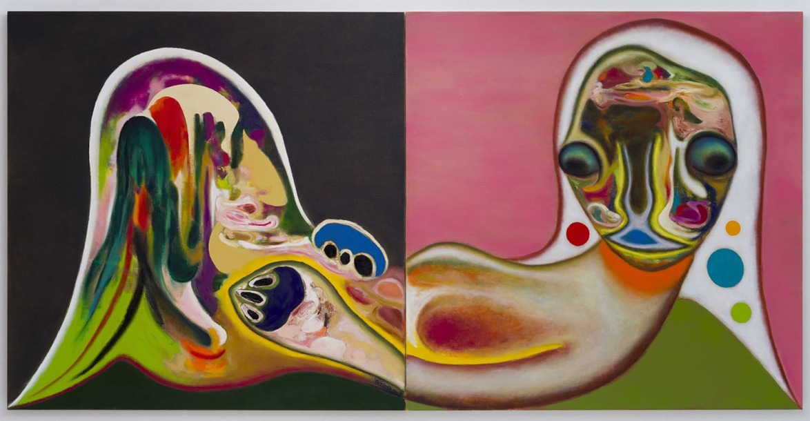 Abstract artwork featuring two colorful, surreal figures on black and pink backgrounds with flowing shapes and vivid hues.