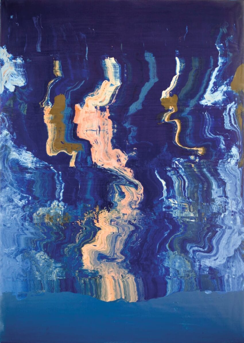Abstract painting with blue and gold swirling patterns creating a dynamic, fluid effect resembling water or reflections.