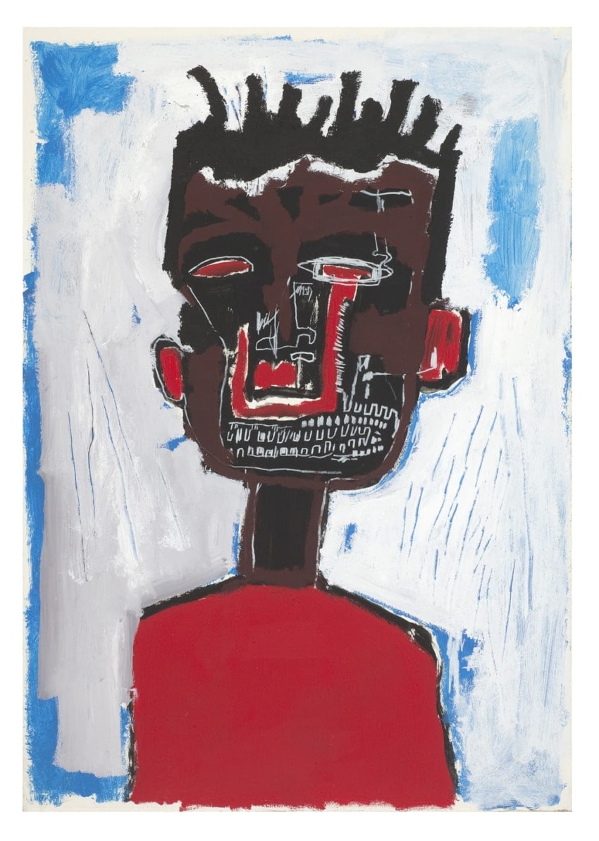 Abstract painting of a figure with a dark face, spiky hair, and a red shirt against a blue and white background.