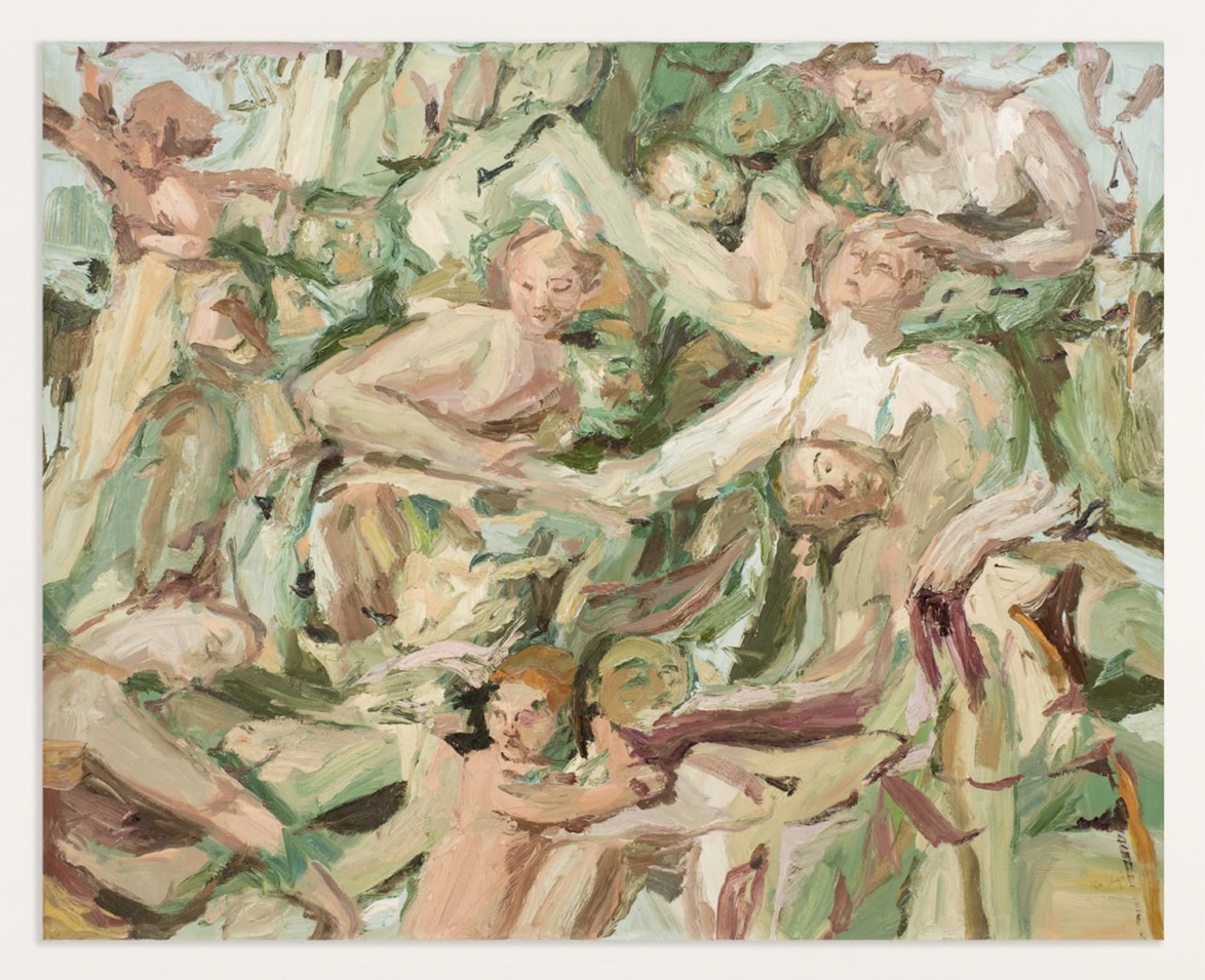 Abstract painting with loosely rendered figures in earthy tones, blending together in a dynamic composition.