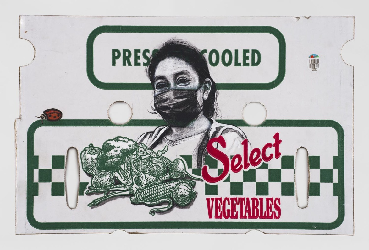 Artwork of a person in a mask surrounded by vegetables and text "Select Vegetables" on a stylized produce box.