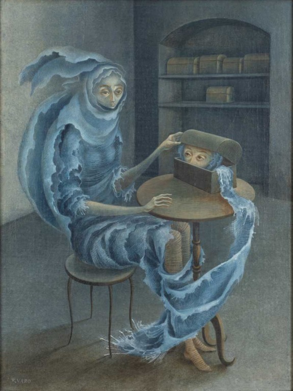 Surreal painting of a ghostly figure in blue, sitting at a table with a box that has a human head inside.