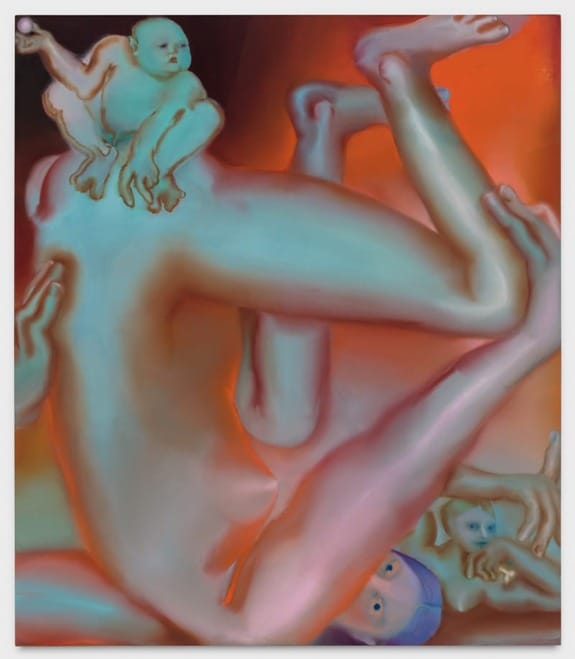 Surreal painting of abstract human figures entangled, featuring a baby, with warm and cool color contrasts.