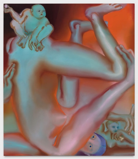 Surreal painting of abstract human figures entangled, featuring a baby, with warm and cool color contrasts.