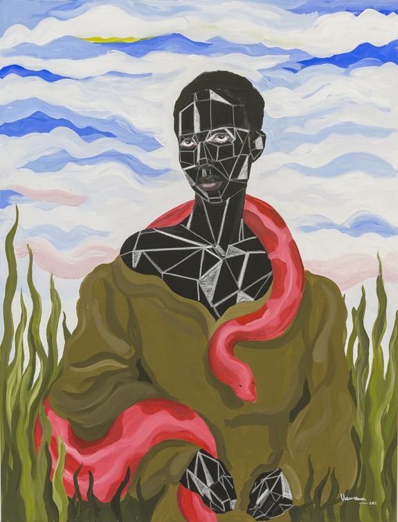 Abstract painting of a figure with geometric patterns and a red snake, set against a sky with clouds and green plants.