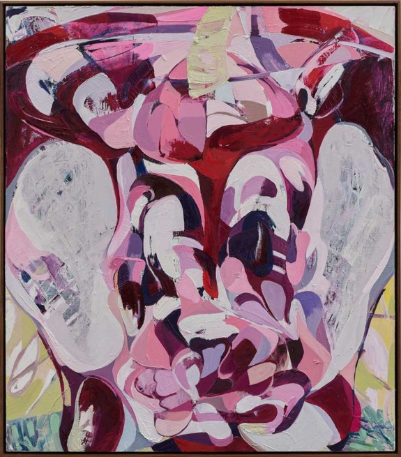 Abstract painting with overlapping swirls of pink, red, and white, creating a chaotic, colorful pattern.