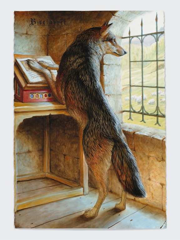 Wolf standing on hind legs reading a book by a window with a view of sheep in a field.