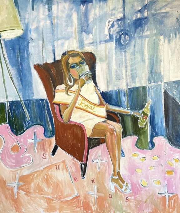 Woman in a chair drinking with a sash, surrounded by abstract colors and shapes, modern art style.