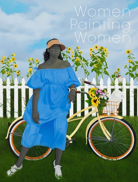 Painting of a woman in a blue dress and hat leaning on a yellow bike with sunflowers and a white fence in the background.