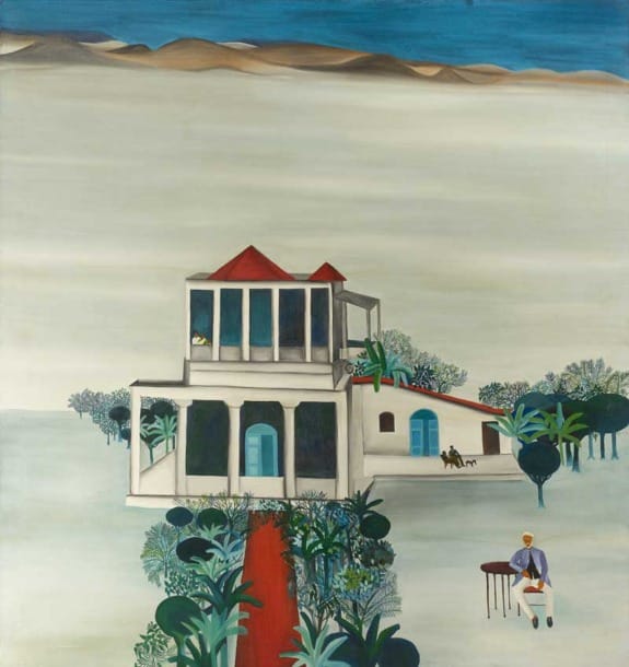 Painting of a house with red roof, surrounded by trees and plants, person sitting at a table in the foreground.