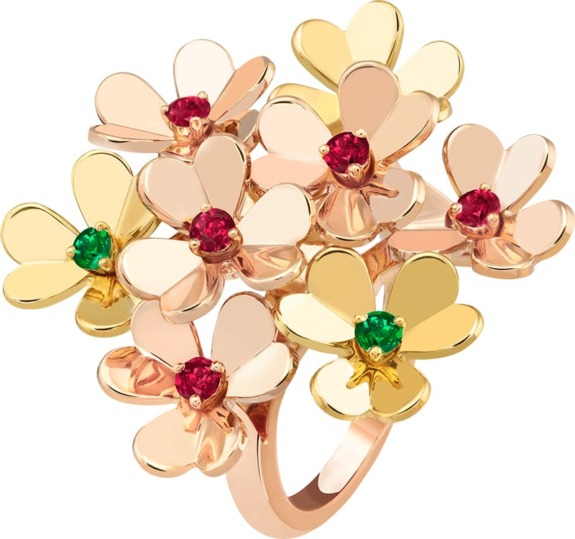 Gold ring with flower-shaped design featuring red and green gemstones.