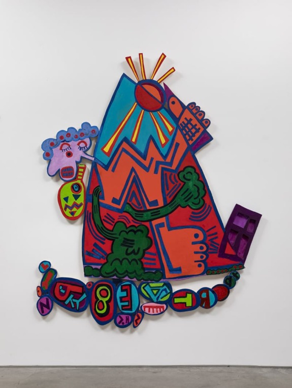 Colorful abstract wall art with geometric shapes, sun rays, and vibrant patterns on a white background.