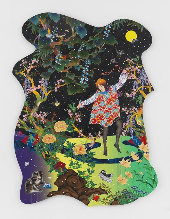 Colorful artwork of a person dancing in a vibrant, nature-filled, and starry landscape with a moonlit sky and plants.