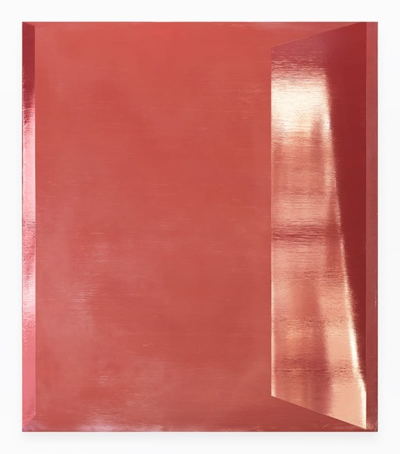 Abstract artwork featuring a red canvas with reflective, metallic textures and geometric shapes creating a sense of depth.
