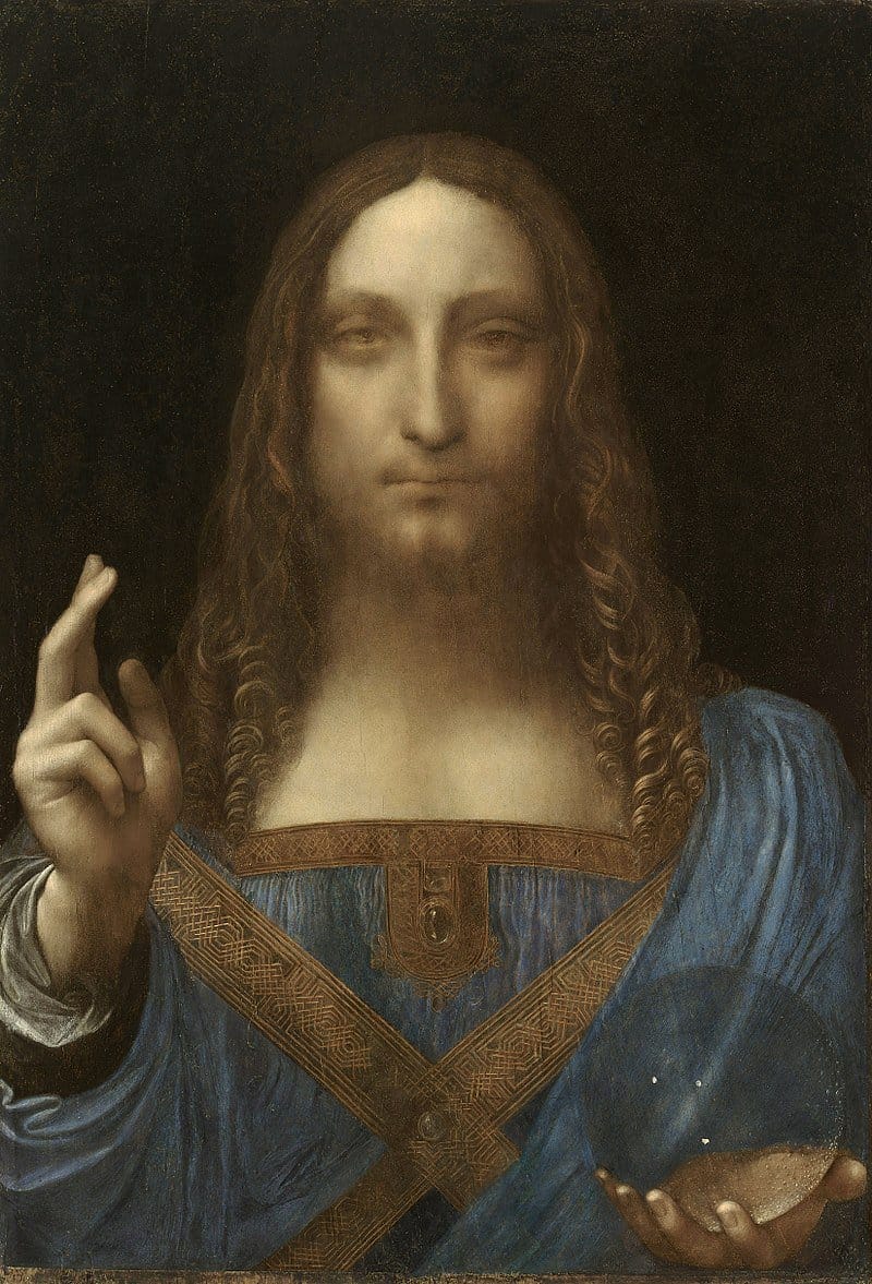 A painting of a long-haired figure in a blue robe holding a crystal orb and raising their right hand against a dark background.