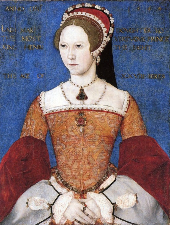 Portrait of a woman in Renaissance attire with detailed embroidery and jewelry, blue background, dated 1544 in gold lettering.