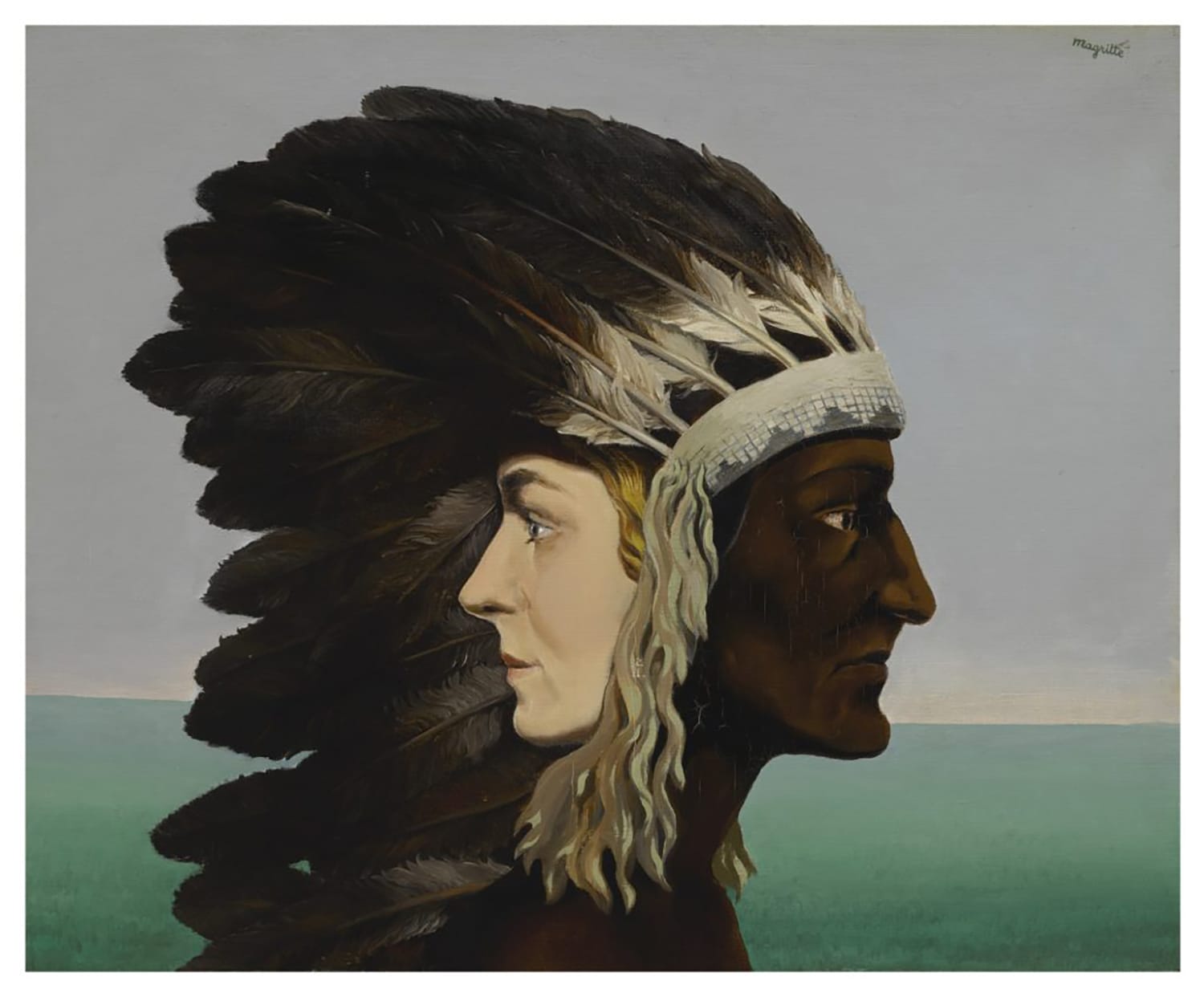 Surreal painting featuring a person with a split face, one side Indigenous figure, the other a woman, both wearing feathers.