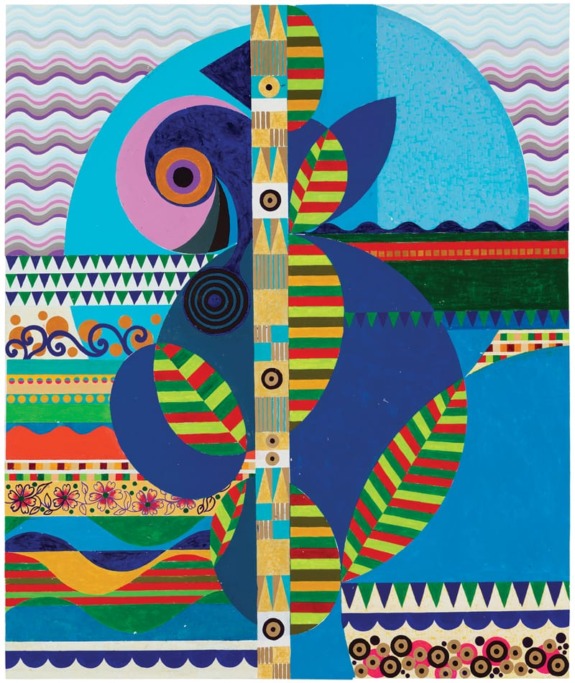 Colorful abstract painting with geometric shapes, stripes, circles, and waves in vibrant blues, greens, and purples.