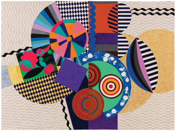 Colorful abstract artwork with geometric patterns, circles, stripes, and wavy lines.