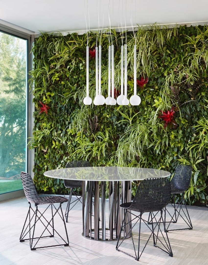 Modern dining area with glass table, black chairs, and a lush green vertical garden wall featuring red flowering plants.