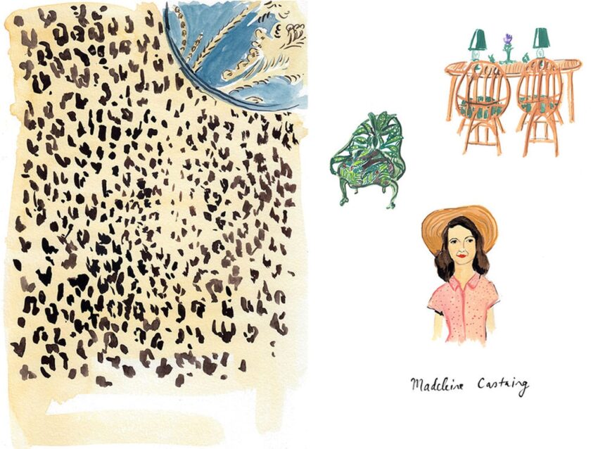 Abstract leopard print with ornate details, green chair, wooden table set, and illustration of a woman wearing a hat.