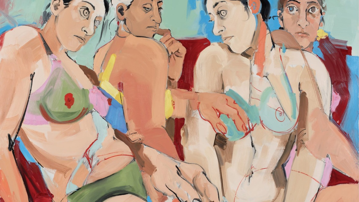 Abstract painting of four women in colorful swimsuits, showcasing expressive brushstrokes and vibrant colors.