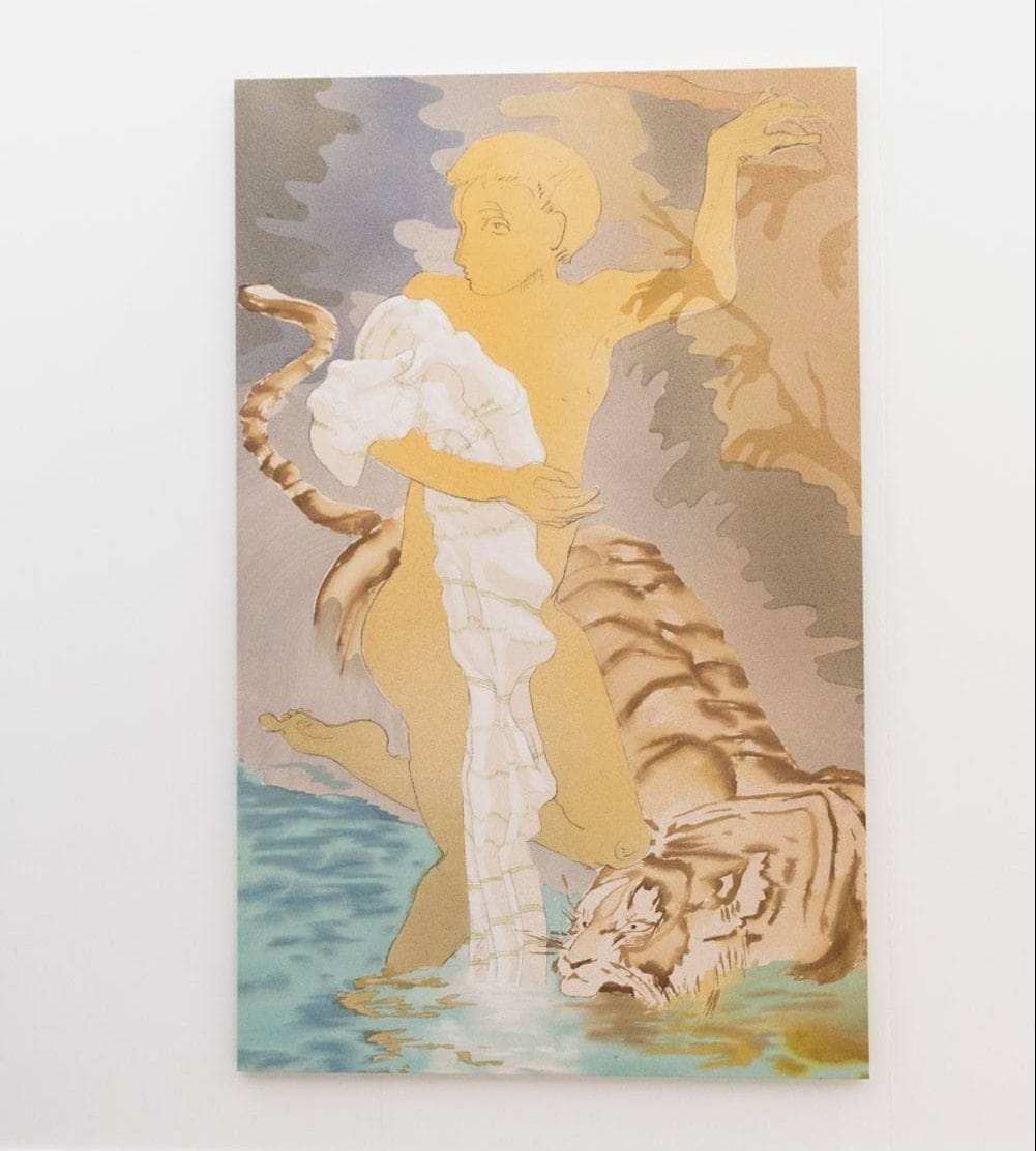 Artwork depicting a person standing near water with a tiger, featuring a mix of soft and earthy colors in a dreamy style.