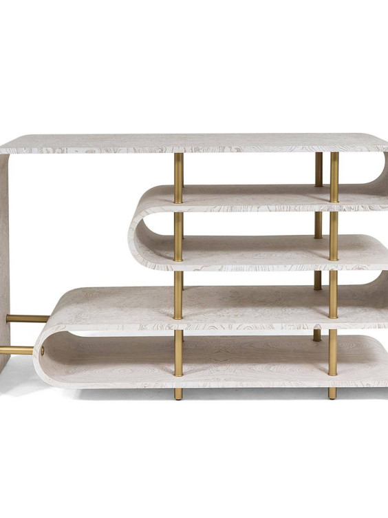 Modern beige console table with curved shelves and gold accents on a white background.