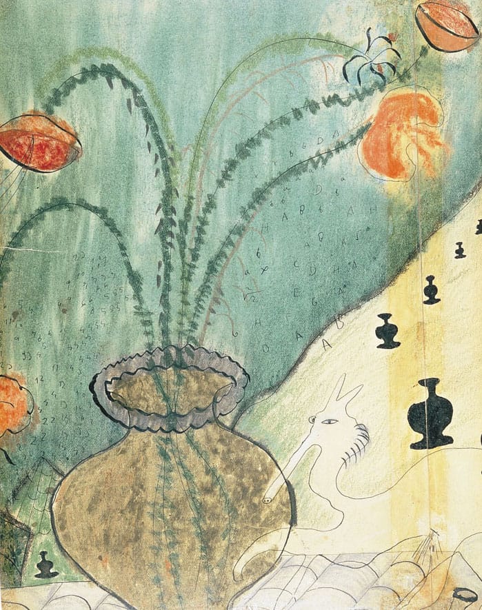 Abstract painting with flowers in a vase, green and yellow background, and a sketched dragon-like figure.