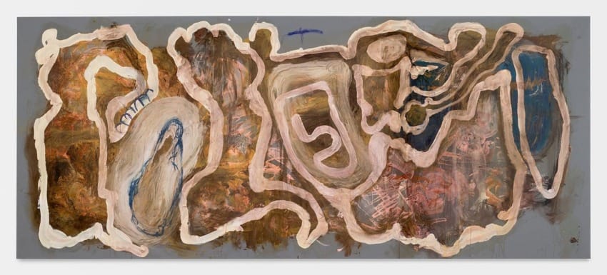 Abstract painting with swirling earthy tones and intricate patterns on a rectangular canvas.