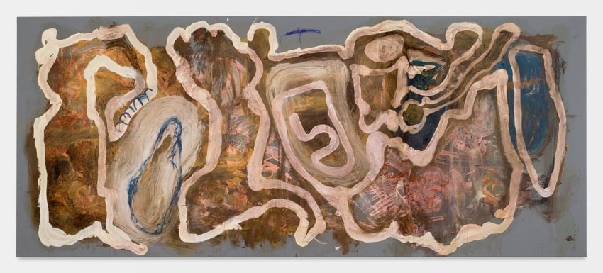 Abstract painting with swirling earthy tones and intricate patterns on a rectangular canvas.