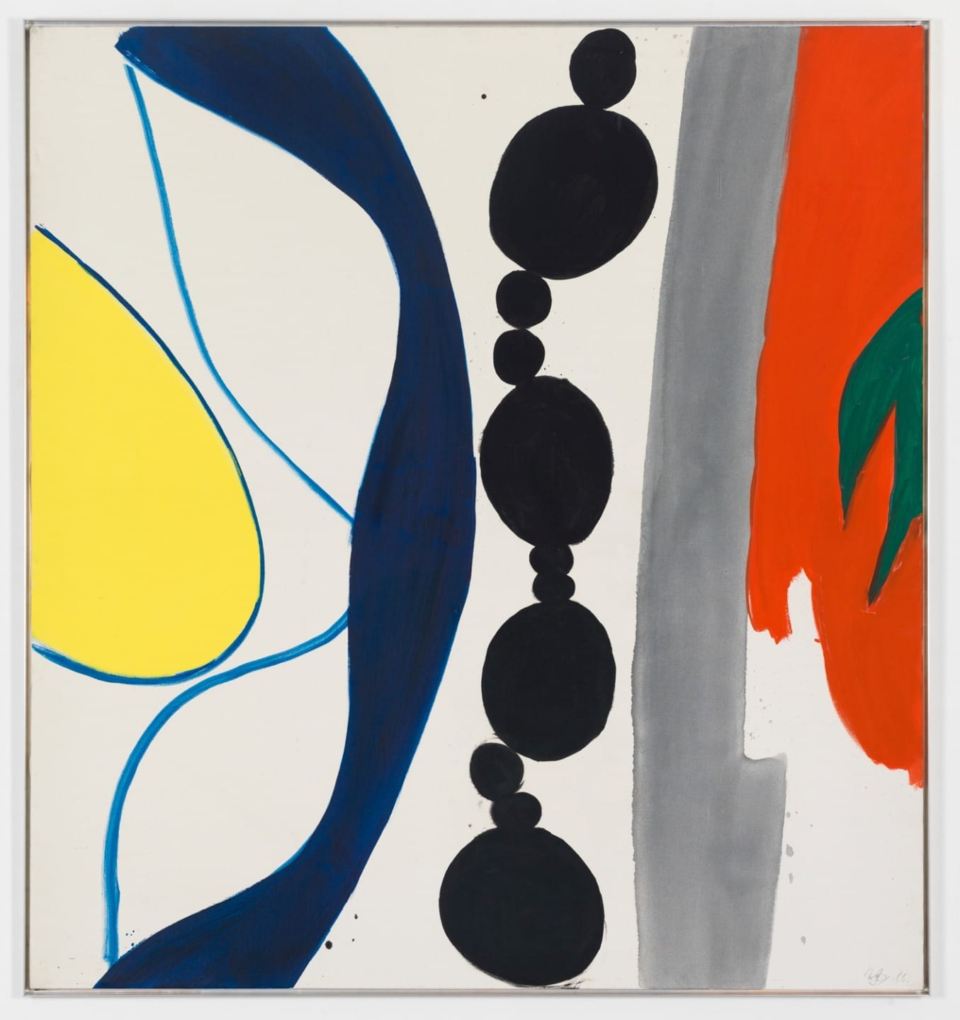 Abstract painting with bold colors and shapes, featuring yellow, blue, black, red, and green elements on a white canvas.