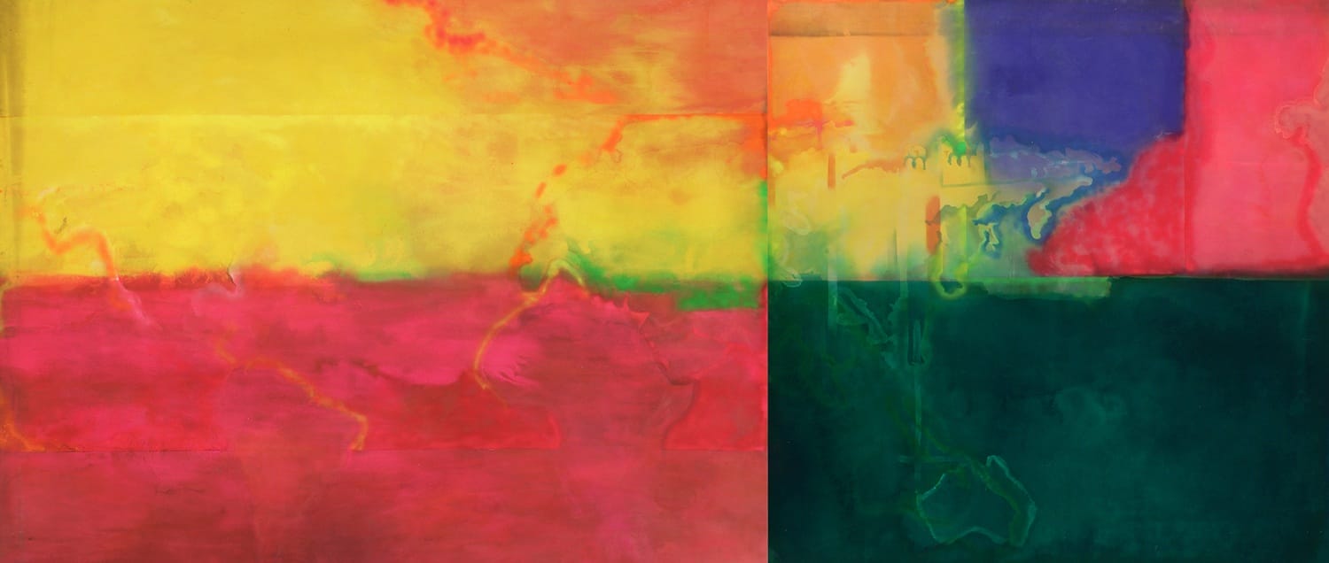 Abstract painting with vibrant yellow, red, green, and purple sections blending into each other, creating a colorful gradient.