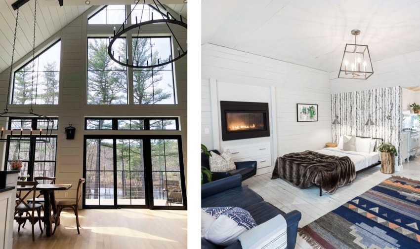 A brand-new farmhouse at Cedar Lakes Estate, as well as one of the property’s guest rooms.