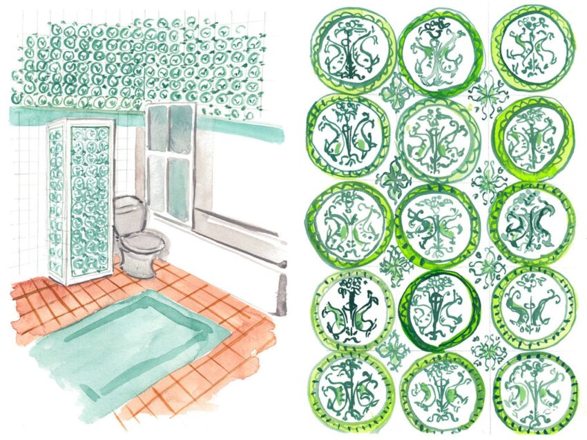 Illustration of a bathroom with patterned green tiles, featuring a sink, toilet, and shower on a tiled floor.