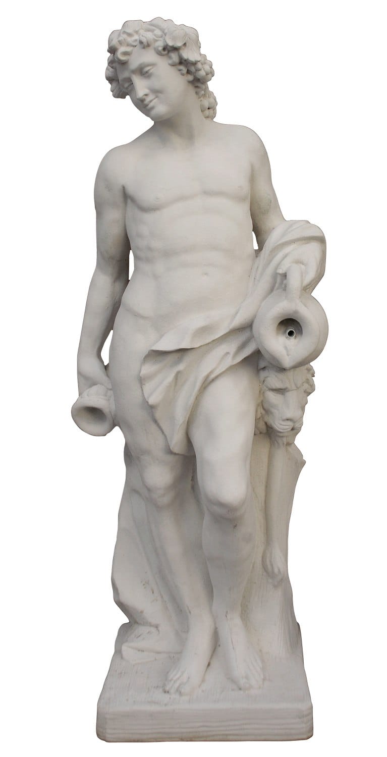 Marble statue of a classical male figure holding a wine vessel, draped in cloth, standing in a relaxed pose.