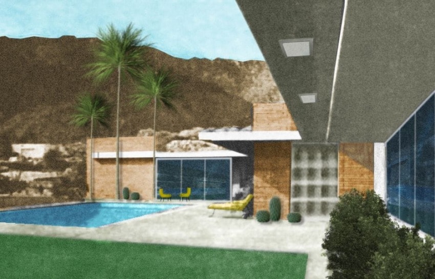 Modern house with pool, palm trees, and mountain view in the background, showcasing mid-century architectural style.