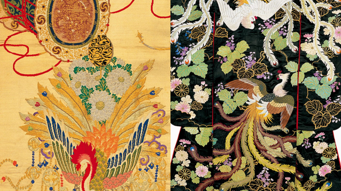 Intricate embroidery on a traditional Japanese kimono featuring vibrant mythical phoenix and floral motifs.