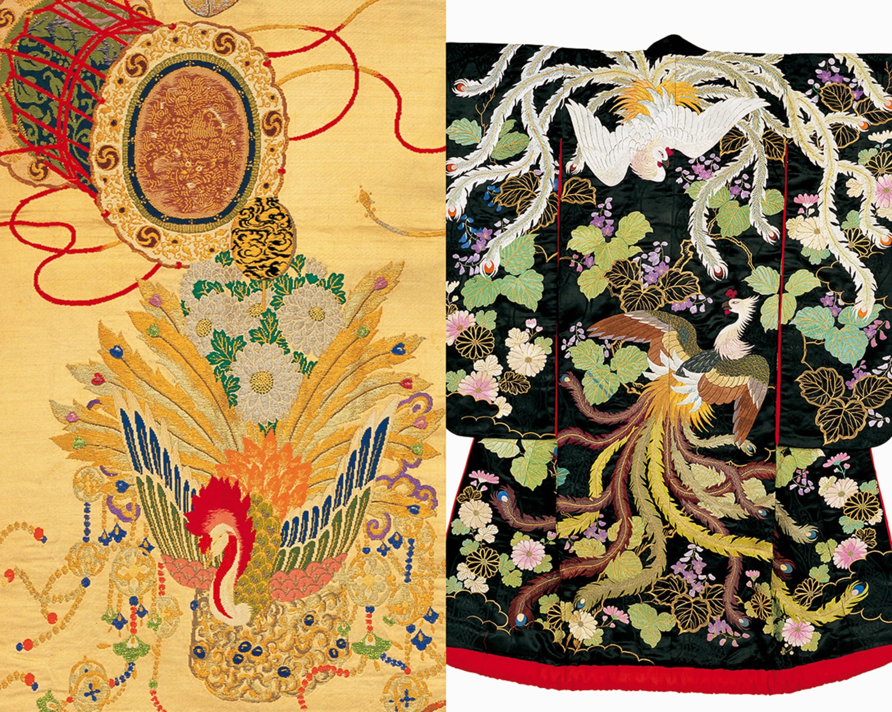 Intricate embroidery on a traditional Japanese kimono featuring vibrant mythical phoenix and floral motifs.