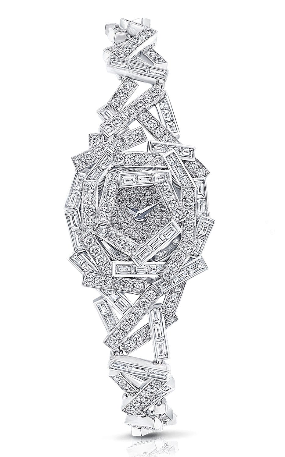 Luxurious diamond-studded watch with intricate geometric design and sparkling baguette-cut diamonds on the bracelet.