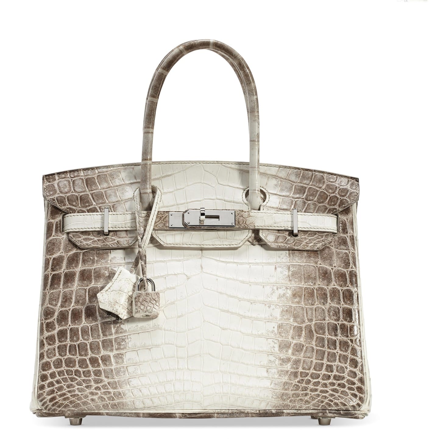 Luxury designer handbag made from crocodile skin with a silver buckle and lock, showcasing elegant craftsmanship.