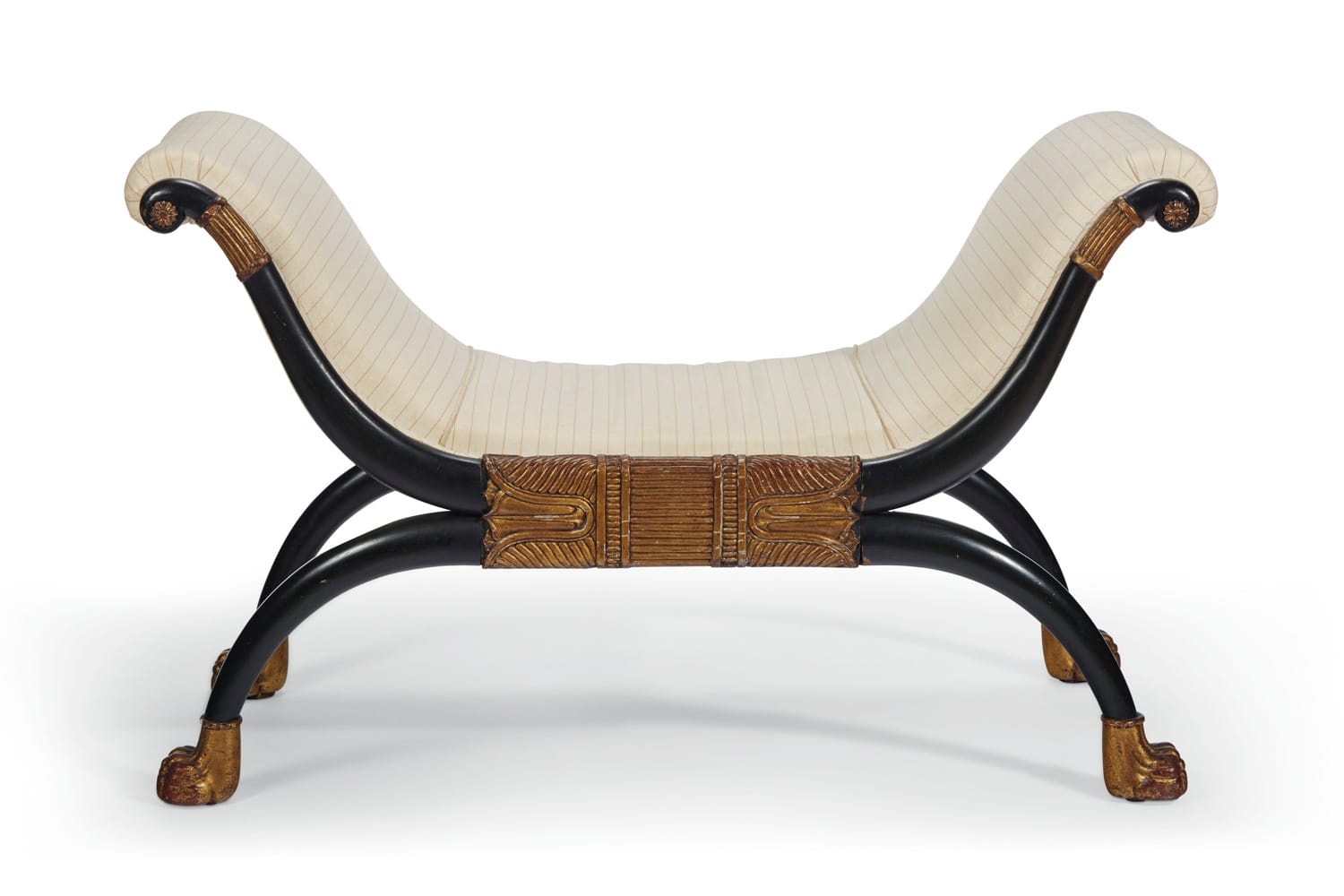 Egyptian revival style bench with black frame, gold accents, and cream cushion.