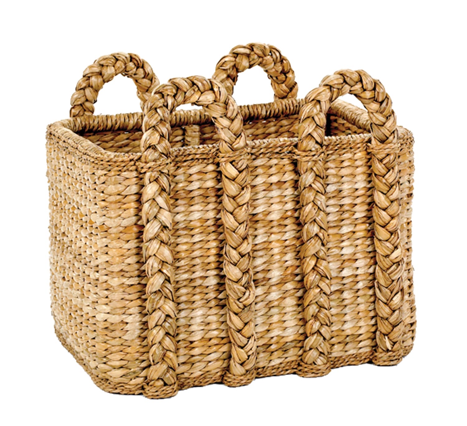 Woven straw basket with three braided handles, empty and standing upright against a white background.