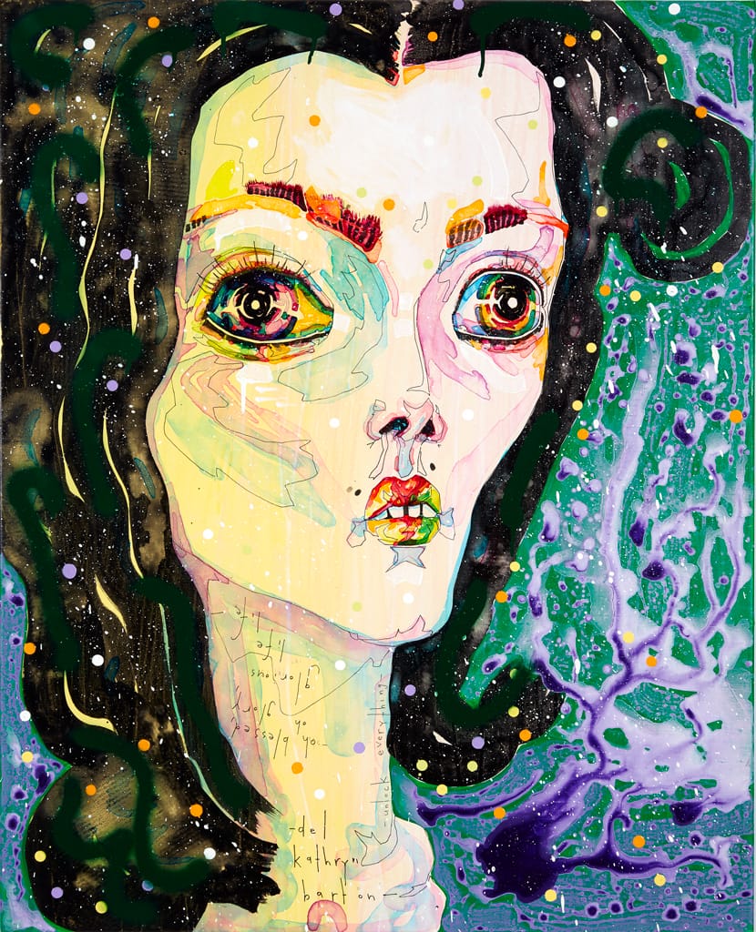 Abstract painting of a person with large eyes and expressive features against a colorful, swirling background with dots and lines.