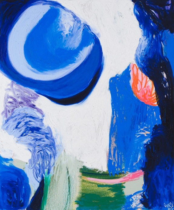 Abstract painting with bold blue and white swirls, splashes of pink, and textured green elements.