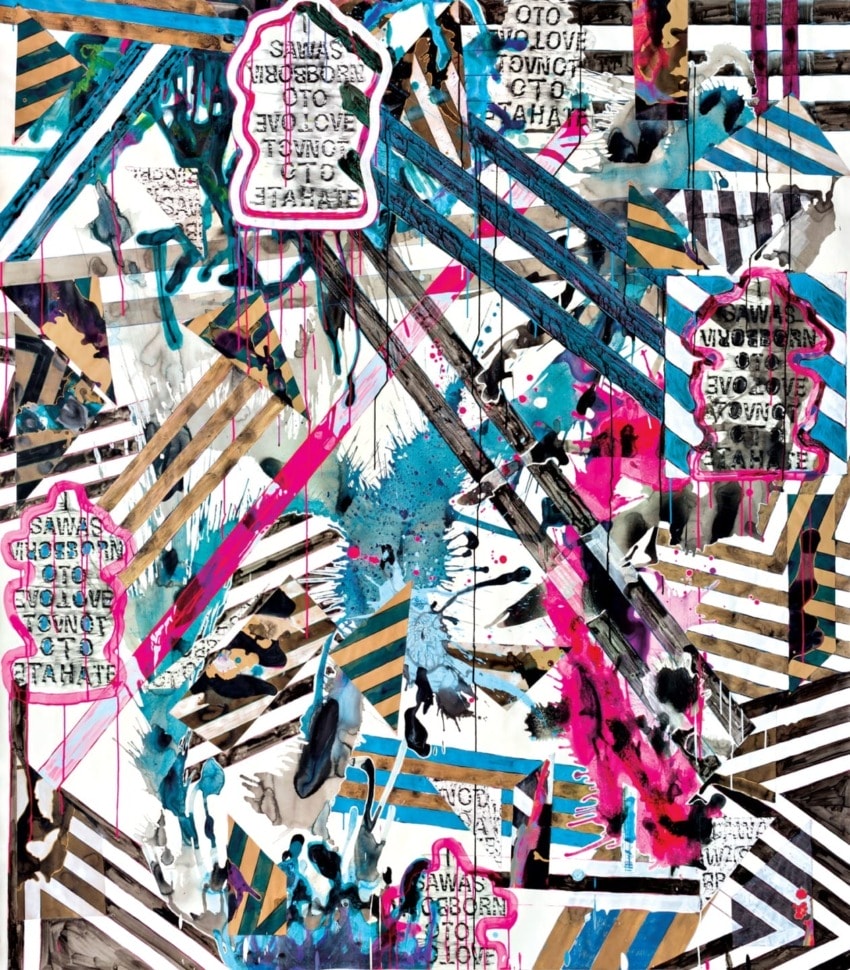 Abstract artwork with bold splashes of pink, blue, and black ink, featuring geometric patterns and text elements throughout.