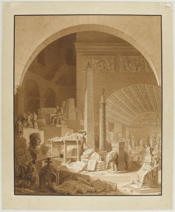 Ancient library with sculptures, columns, and art pieces showcasing classical architecture and cultural artifacts.