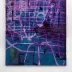 Abstract painting with blue and purple geometric patterns and grid lines on a canvas displayed in a gallery setting