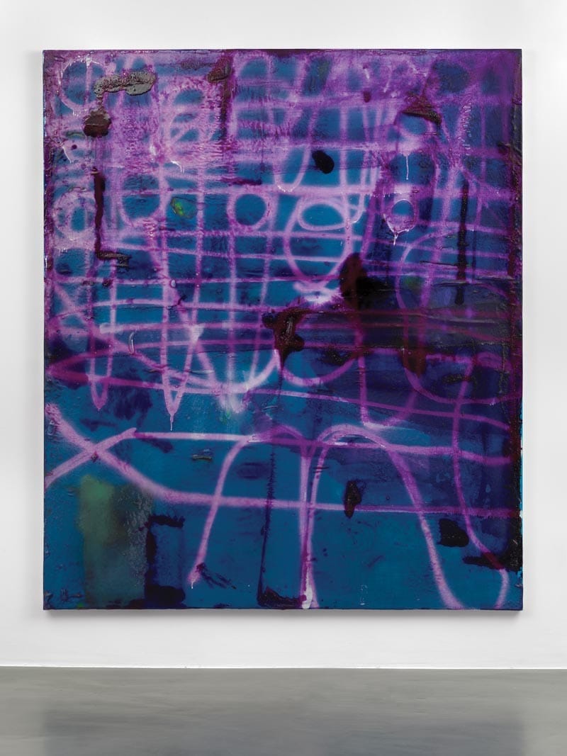 Abstract painting with blue and purple geometric patterns and grid lines on a canvas displayed in a gallery setting