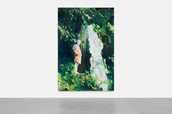 Abstract painting of a person standing near a waterfall surrounded by lush green foliage, displayed in a gallery.